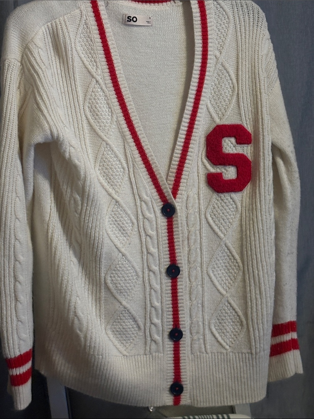 SO Cream Cable-Knit Cardigan with Red Trim and Red S Patch